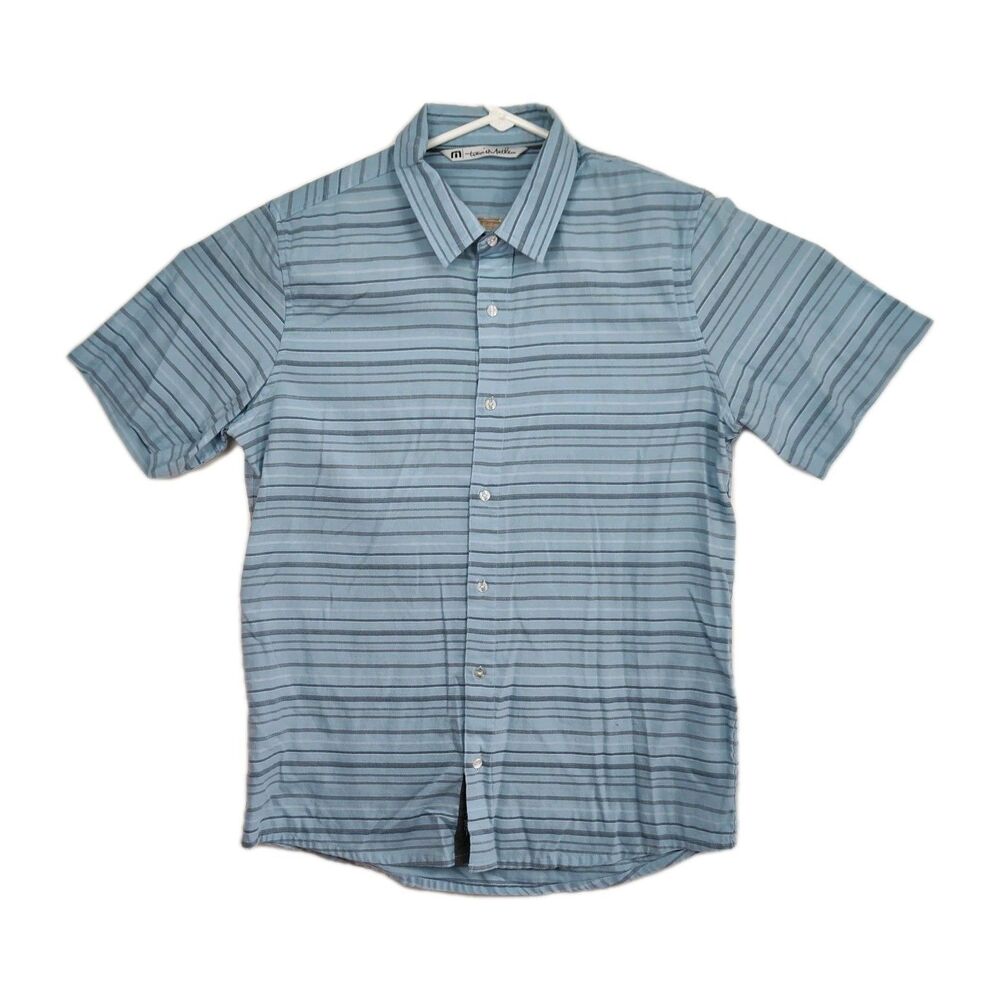 Travis Mathew men's button-up shirt, L, short sleeves, blue w/ stripes VGC‎